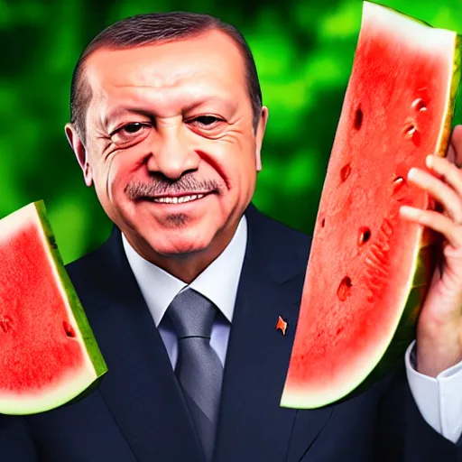 Image similar to recep tayyip erdogan smiling holding watermelon, studio photograph, hd, studio