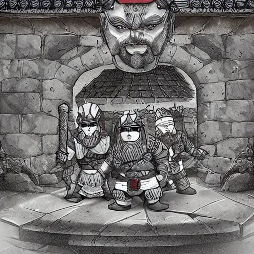 Prompt: a dwarf ninja heroes facing an ancient temple, illustrated by trent kaniuga