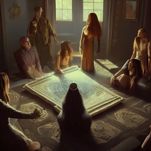 Image similar to Séance but everybody is a ghost, elegant, Hyper-realistic, 4K, Unreal Engine, Highly Detailed, HD, Dramatic Lighting by Brom, golden hour, trending on Artstation