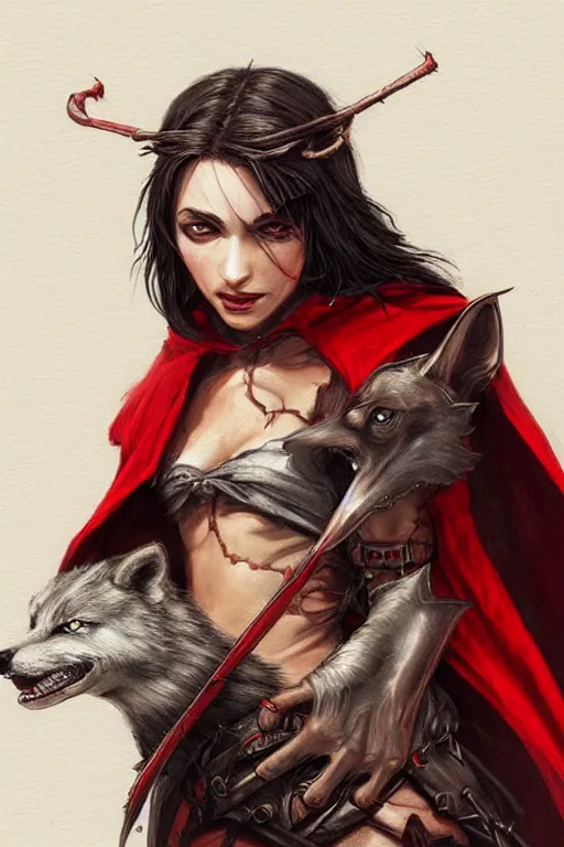 Image similar to amazon red riding hood holding wolf head, d & d, fantasy, highly detailed, headshot, digital painting, trending on artstation, concept art, sharp focus, illustration, art by artgerm and greg rutkowski and magali villeneuve