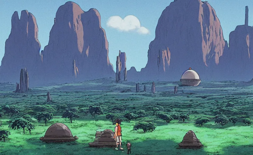 Image similar to a cell - shaded studio ghibli concept art from paprika ( 2 0 0 6 ) of a spaceship from close encounters of the third kind ( 1 9 7 7 ) in a lush temple that looks like monument valley stonehenge jungle. a caravan is in the foreground. very dull colors, portal, hd, 4 k, hq