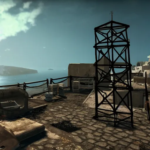 Image similar to Santorini, Greece in ruins post-nuclear war in Fallout 4, in game screenshot