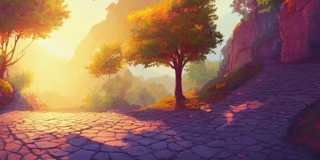 Image similar to a lonely cobblestone street with a tree on a cliff over the sea, brightly illuminated by rays of sun, artstation, colorful sylvain sarrailh illustration, multiple point perspective