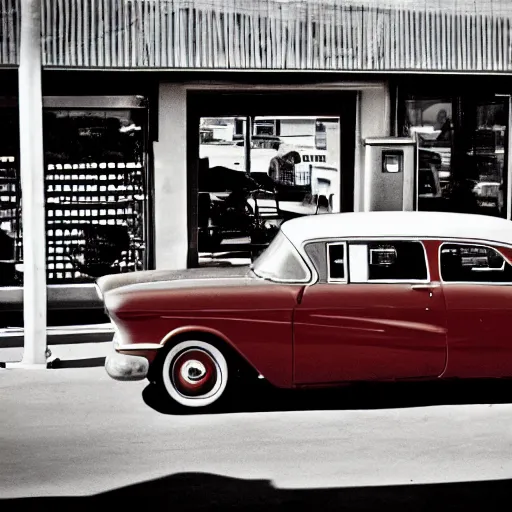 Image similar to stylized photo of a red car at a gas station in 1956