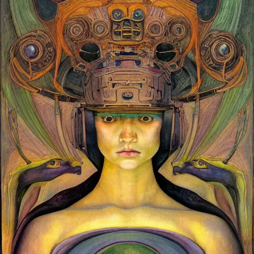 Image similar to robot queen with human eyes, by annie swynnerton and diego rivera and lucien freud and jean delville, symbolist, dramatic lighting, elaborate geometric ornament, art brut, soft pastel colors, smooth, sharp focus, extremely detailed, adolf wolfli, leo and diane dillon, nicholas roerich, donato giancola