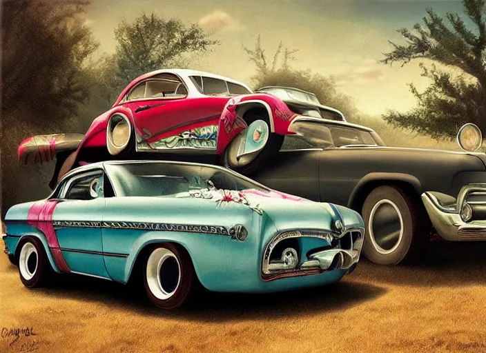 Image similar to americana dream cars, lowbrow, matte painting, 3 - d highly detailed, in the style of mark ryden,