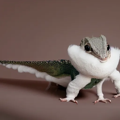 Prompt: a cute winged lizard with long white fluffy fur