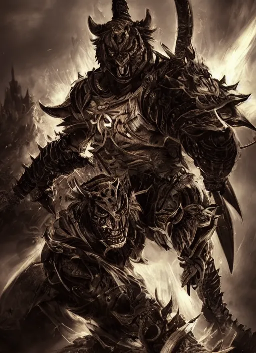 Prompt: fullbody, dark, evil villan character, very hostile very angry realistic detailed semirealism tiger man wearing samurai armor. fire Tiger_character, tiger_beast, 獣, FFXIV, iconic character splash art, angry character wielding a sword, blade, katana, blurred background, muscular scary brute, MMOrpg, dramatic cinematic Detailed fur, tank type character, detailed metal textures, 4K high resolution quality artstyle professional artists WLOP, Aztodio, Taejune Kim, Guweiz, Pixiv, Instagram, Artstation
