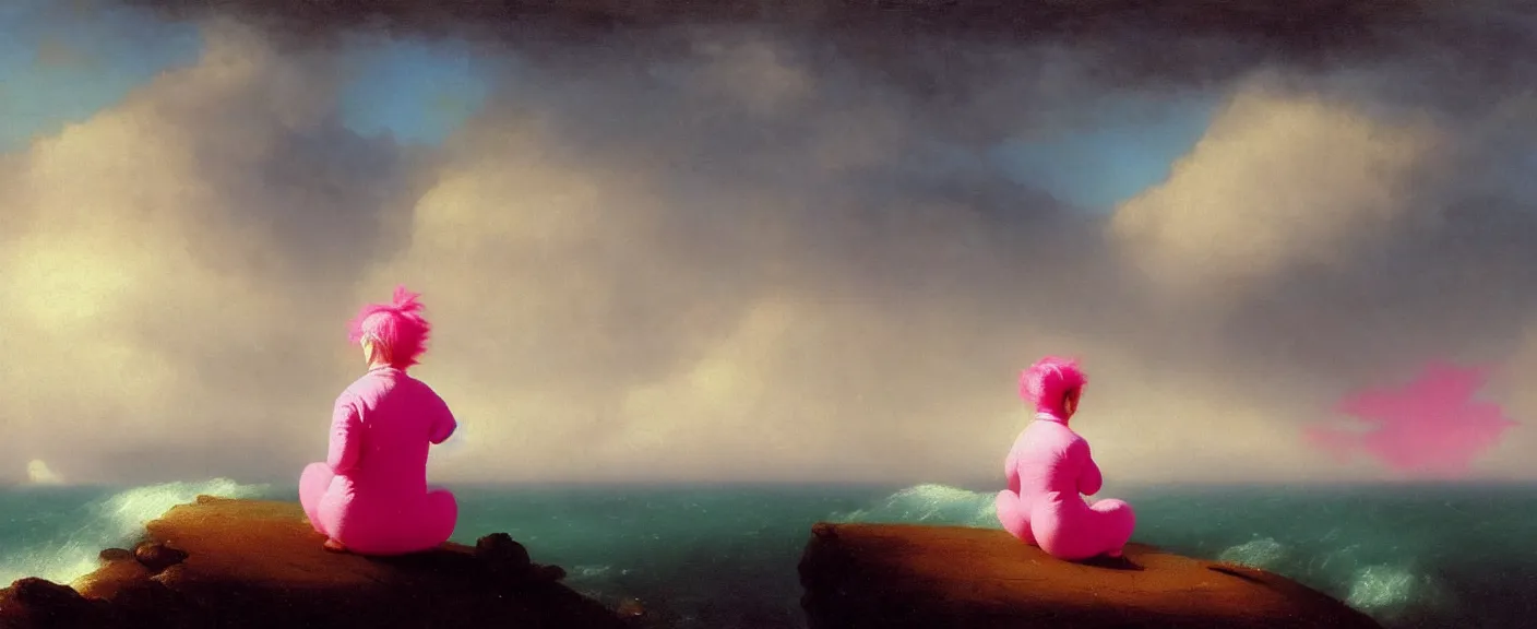 Prompt: an image of a girl with pink hair wearing a panda onesie looking across the ocean in the style of ivan aivazovsky,