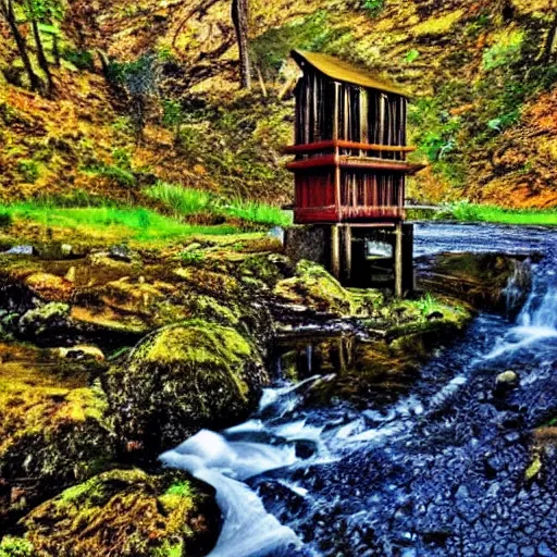 Prompt: old wooden gold sluice, beautiful view, artistic look, high details, water flowing