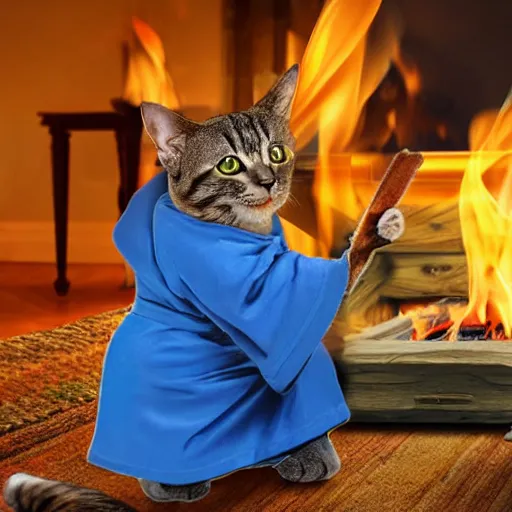 Image similar to A cat wizard wearing blue robes casting a fire spell