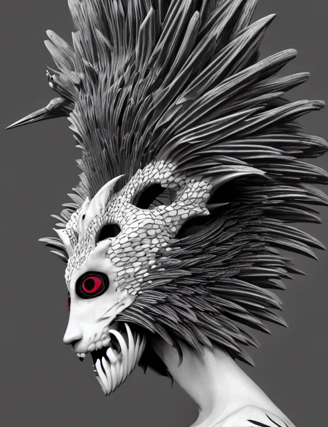 Image similar to 3 d goddess close - up profile simple portrait punk with mohawk with goat skull. beautiful intricately detailed japanese crow kitsune mask and clasical japanese kimono. betta fish, jellyfish phoenix, bio luminescent, plasma, ice, water, wind, creature, artwork by tooth wu and wlop and beeple and greg rutkowski