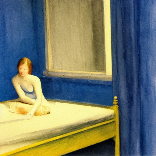 Image similar to close up of a girl in a blue and gold haunted liminal abandoned room, watercolor by edward hopper, by gottfried helnwein, by hammershøi, art noveau, highly detailed, strong lights, liminal, eerie, bright pastel colors,