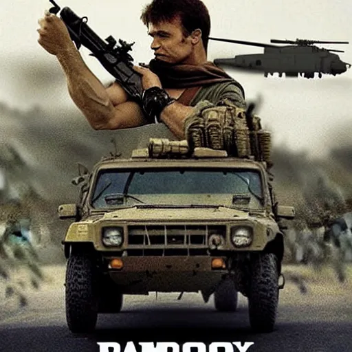 Prompt: rambo movie posters with soldiers, military trucks, helicopters, explosions