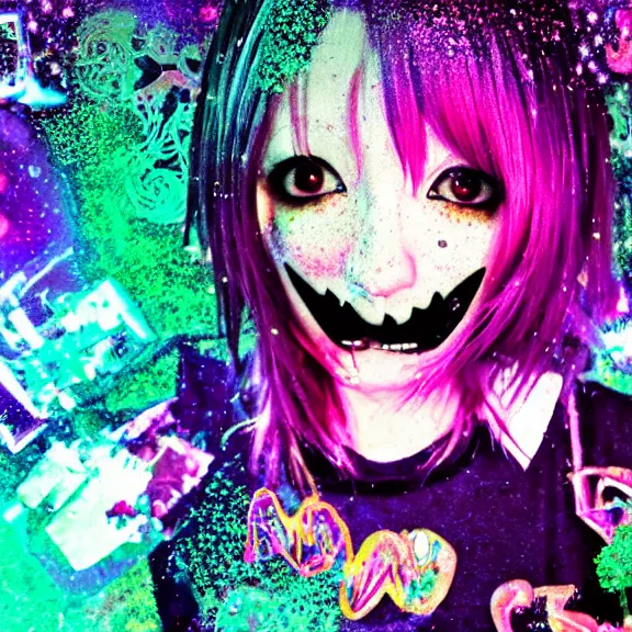 Image similar to photo of a emo manic pixie dream girl, 8k, portrait | sanrio glitchcore yokai girl, shadowverse character concept, found footage horror, glitter gif | d anime decora gyaru kawaii fashion model, v tuber, darling in the frank,asuka, anime best girl, with glitch and scribble effects, psychedelic colors, 3d render octane, by wlop, wenjr, beeple, artstation,imaginefx