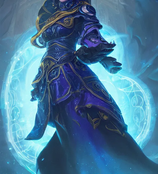 Image similar to Jaina Proudmore portrait, intricate arcane armor with glowing magical runes, flowing blue magical energy, subject in the middle of the frame, rule of thirds, golden ratio, elegant, digital painting, octane 4k render, zbrush, hyperrealistic, artstation, concept art, smooth, sharp focus, illustration from Warcraft by Ruan Jia and Mandy Jurgens and Artgerm and William-Adolphe Bouguerea