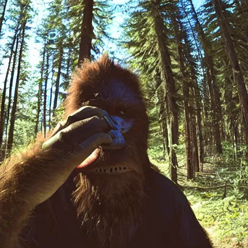 Image similar to a sasquatch looking into a trail cam, picking his nose