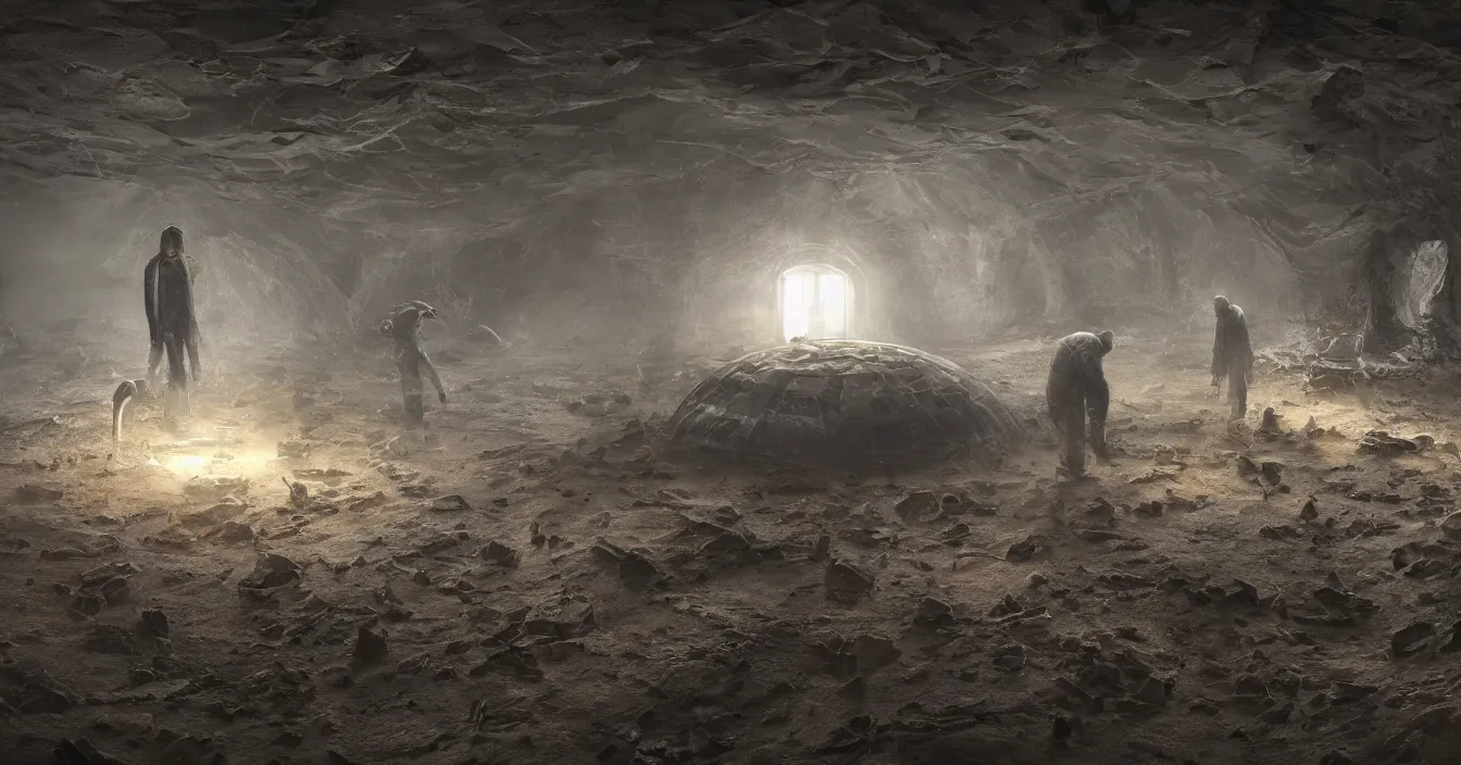 Image similar to futuristic archaeologist excavating buried huge alien spaceship, in dark mud, heavy rain, reflections, volumetric light in rain, deep sense of horror atmosphere, visual fidelity and plasticity, deep depth, defocus, in style of james paick, rendered in vray, raytracing, raymarching