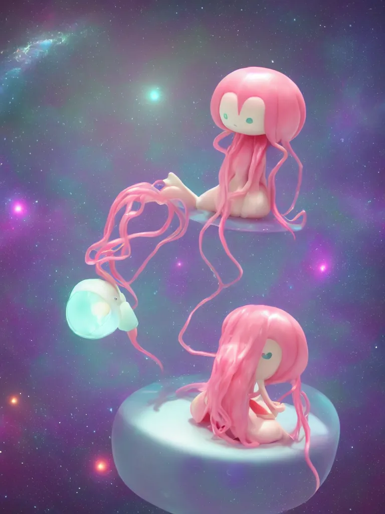 Prompt: cute fumo plush alien jellyfish girl sitting on a small island floating in the dark galactic abyss, vignette, vray