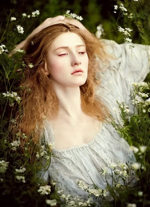 Image similar to Kodak Portra 400, 8K, soft light, volumetric lighting, highly detailed, britt marling style 3/4, Close-up portrait photography of a beautiful woman how pre-Raphaelites a woman with her eyes closed is surrounded by water face is surrounded by fish, she has a beautiful lace dress and hair are intricate with highly detailed realistic beautiful flowers , Realistic, Refined, Highly Detailed, natural outdoor soft pastel lighting colors scheme, outdoor fine art photography, Hyper realistic, photo realistic