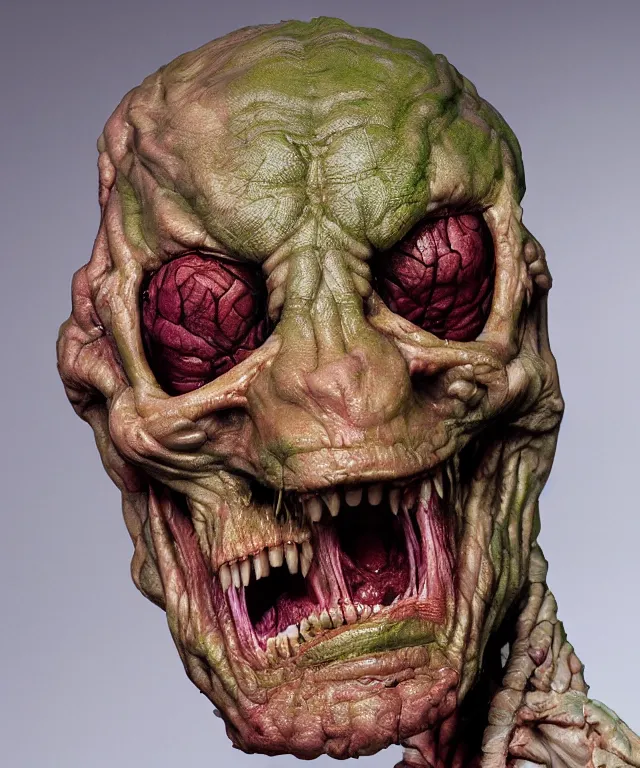 Image similar to hyperrealistic rendering, cronenberg flesh monster skeletor by art of skinner and richard corben and jeff easley, product photography, action figure, sofubi, studio lighting, colored gels