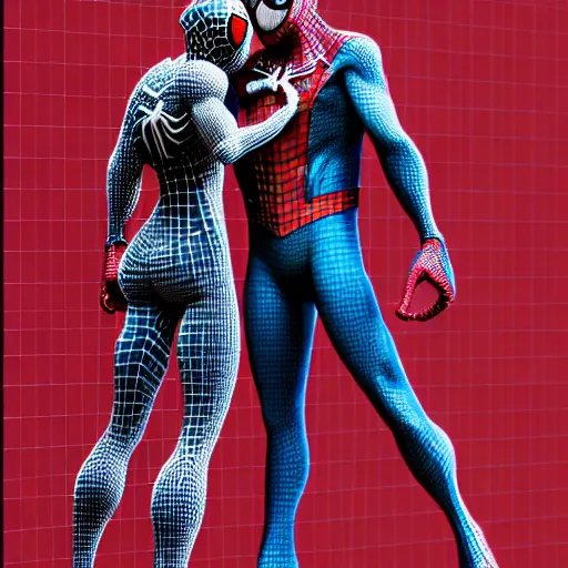 Prompt: cybernetic Happy Spider Man and Spider Girl hugging in hall, intricate detail, finely detailed, small details, extra detail, trending on artstation, high resolution, 3D