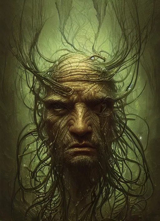 Image similar to portrait of a old underwater fish man hybrid with long wet tattered tangles of thinning black hair, eerie glowing eyes, wall hanging trophy taxidermy, hyper realistic head, fantasy art, in the style of greg rutkowski, zdizslaw beksinski, intricate, alphonse mucha, hyper detailed, smooth