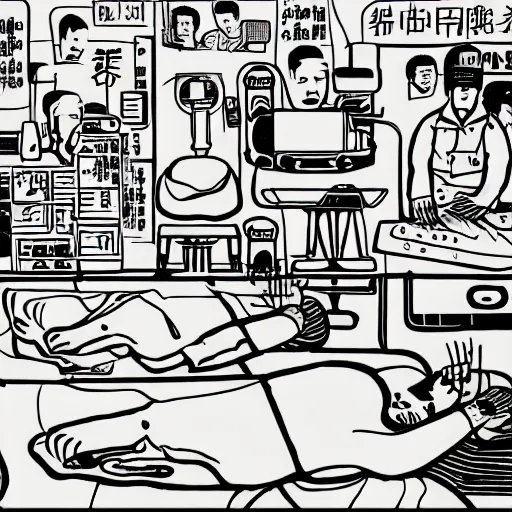 Image similar to chinese surgery operating table, in the style of daniel johnston and outsider art, 8k, line brush, minimal, hard lines, overlaid with traditional chinese adverts