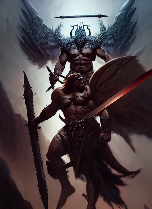 Image similar to a barbarian male horned darkin with a huge sword and wings, dim light, front game card, marvel comics, dark, intricate, highly detailed, smooth, artstation, digital illustration by ruan jia and mandy jurgens and artgerm and wayne barlowe and greg rutkowski and zdislav beksinski