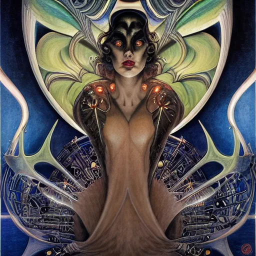 Prompt: beautiful closeup portrait of an art deco witch, glowing eyes. reflective detailed textures, moth wings, highly detailed dark fantasy science fiction painting by diego rivera and annie swynnerton and jean delville and donato giancola and saturno butto, elaborate geometric ornament, ancient runes, silver and cool colors. artstation