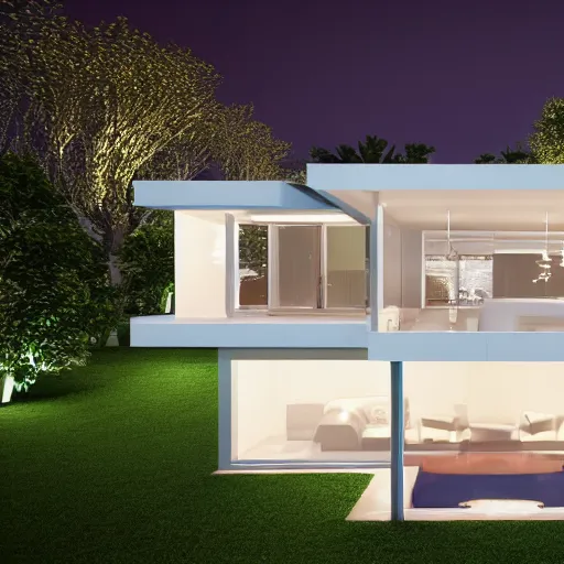 Image similar to crystal ball with mini modern house with led strip lights inside it, octane render hyperdetailed,