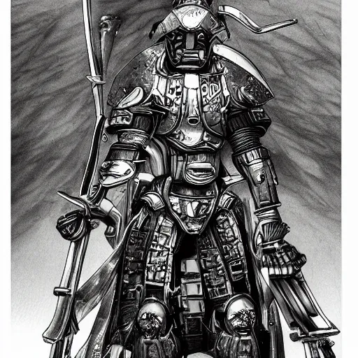 Prompt: japanese futuristic warrior with many scars, high detail, hyperdetailed, hard ink, no pencils, full body drawing