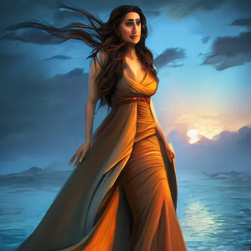 Prompt: kareena kapoor in sunset, by etienne hebinger, cgsociety, fantasy art, 2 d game art