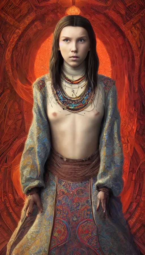 Prompt: girl millie bobby brown, mongolian shaman clothing, ritual, fame of thrones, fibonacci, sweat drops, intricate fashion clothing, insane, intricate, highly detailed, surrealistic, digital painting, artstation, concept art, smooth, sharp focus, illustration, unreal engine 5, 8 k, art by artgerm and greg rutkowski and alphonse mucha