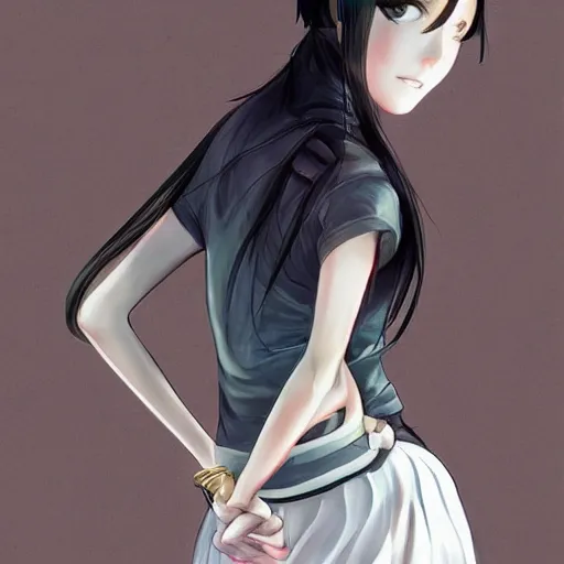 Image similar to luxury advertisement, astonishing portrait of a very beautiful anime schoolgirl with black bob hair, full perfect face, she is dancing. Realistic, highly detailed background, artstation, 120 degree view, drawn by Sasoura, Satchely and Akihiko Yoshida, no distortion