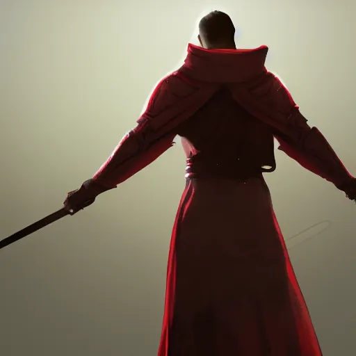 Image similar to view from the back warrior holding two swords, full body worn out damaged cape, red hoodie, worn out clothes, floating sand, concept art, volumetric light, full body shot, 8K, trending on artstation