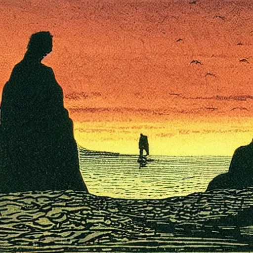 Image similar to Wanderer above the Sea by Caspar David Friedrich as a Linocut