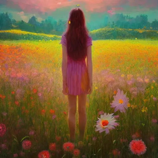 Prompt: girl with an blooming flower face, surreal photography, dream, standing in flower field, magical, in a valley, sunrise dramatic light, impressionist painting, colorful clouds, artstation, simon stalenhag, flower face