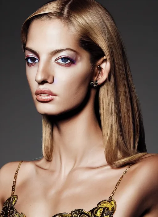 Image similar to a beautiful portrait of young flavia lucini as femme fatale as a versace fashion model spring / summer 2 0 1 2, highly detailed, in the style of cinematic, getty images, milan fashion week backstage, makeup by pat mcgrath, greg rutkowski