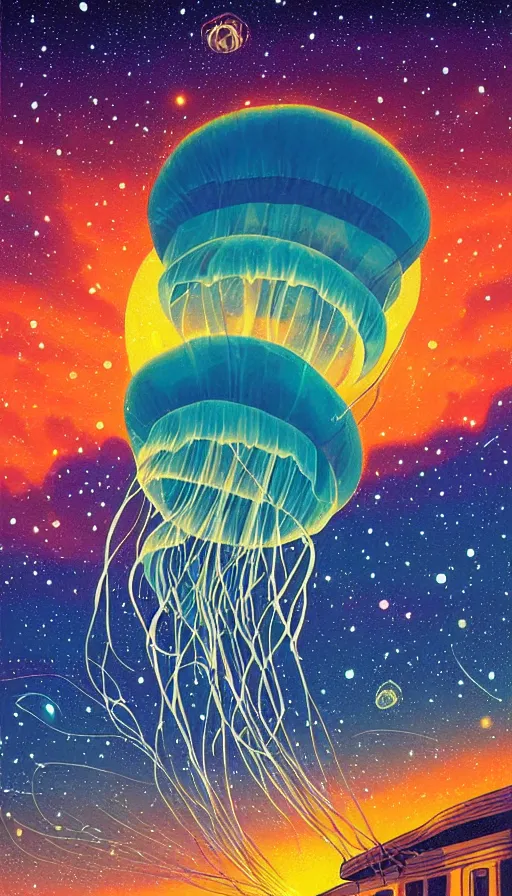 Image similar to Jellyfish floating in starlit sunset sky, italian futurism, Dan Mumford, da vinci, Josan Gonzalez