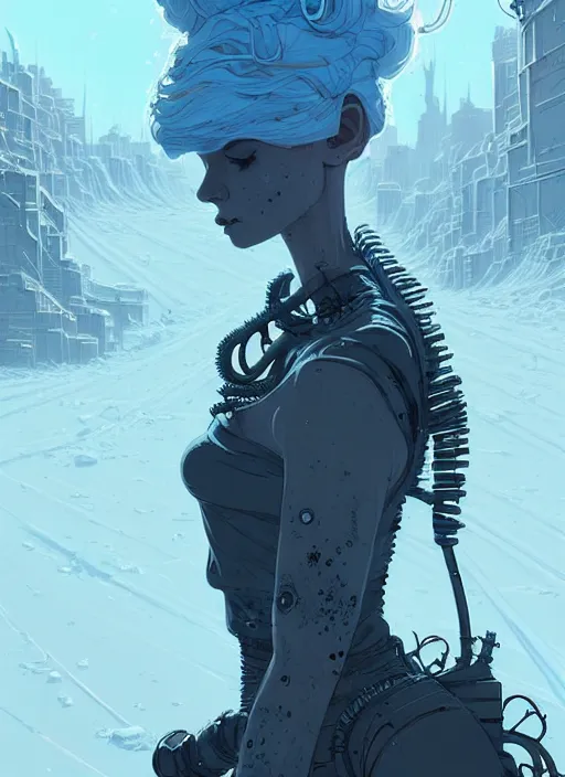 Image similar to highly detailed portrait of wasteland punk long curly white icey shard hair tribal lady, stray wiring by atey ghailan, james gilleard, by joe fenton, by greg rutkowski, by greg tocchini, by kaethe butcher, 4 k resolution, gradient blue, cyan, black and white color scheme!!! ( ( snowy glaciated robotic dystopian city background ) )