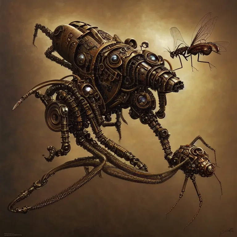 Image similar to steampunk robot mosquito, unreal engine realistic render, 8 k, micro detail, intricate, elegant, highly detailed, centered, digital painting, artstation, smooth, sharp focus, illustration, artgerm, tomasz alen kopera, peter mohrbacher, donato giancola, joseph christian leyendecker, wlop, boris vallejo