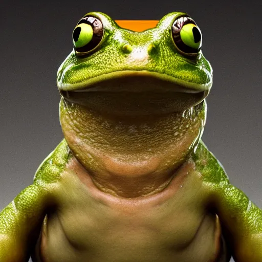 Image similar to hyperrealistic mixed media image of a ( frog ) whose head resembles alex jones, stunning 3 d render inspired art by greg rutkowski and xiang duan and thomas eakes, perfect symmetry, flesh texture, realistic, highly detailed attributes and atmosphere, dim volumetric cinematic lighting, 8 k octane detailed render, post - processing, masterpiece,