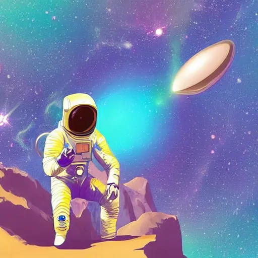 Prompt: a beautiful illustration of an astronaut finding a dazzling blue, teal and gold gemstone in the shape of ethereum on a futuristic planet, purple color theme. in the style of vincent di fate