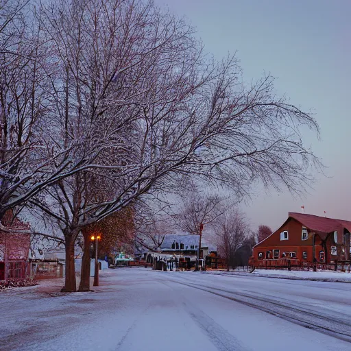 Prompt: small town, winter, dawn