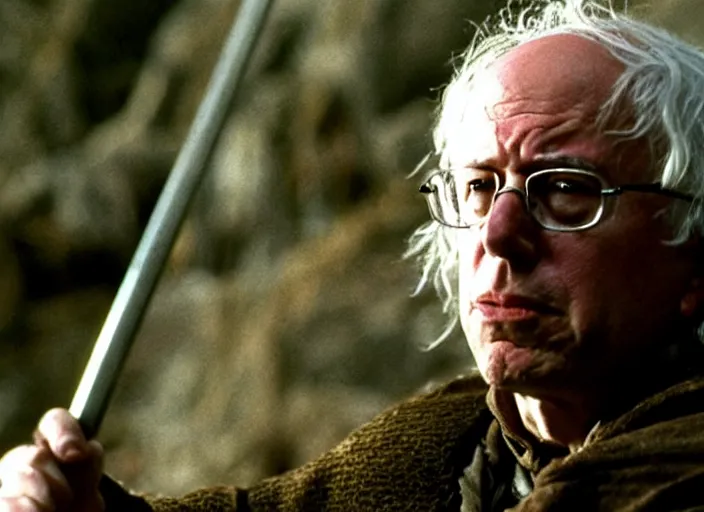 Image similar to film still of bernie sanders as aragorn in lord of the rings movie, 8 k