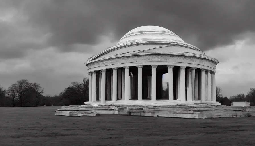 Image similar to destroyed jefferson memorial, cloudy day, debris, dust, hyperdetailed, artstation, cgsociety, 8 k