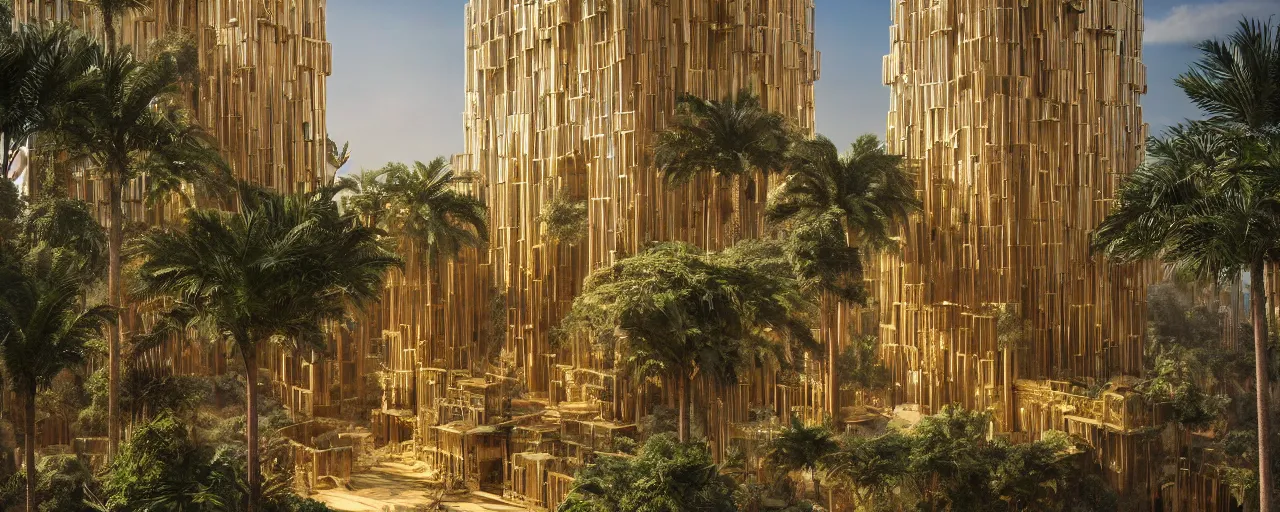 Image similar to contemporary golden babylon tower, sacred ancient architecture, hanging gardens, cascading highrise, arid mountains with lush palm forest, sunlight, post - production, octane, cgi, sfx