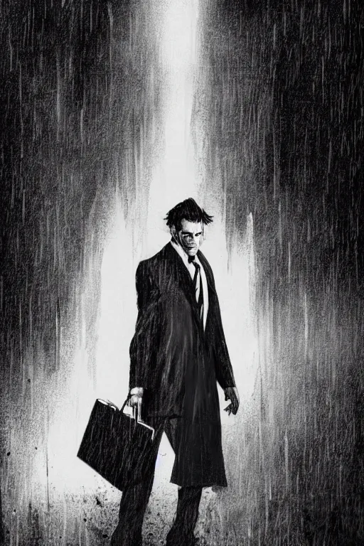 Prompt: black and white illustration of Patrick Bateman in a rainy street, neo noir style, Frank Miller creative design, Josep Tapiró Baró