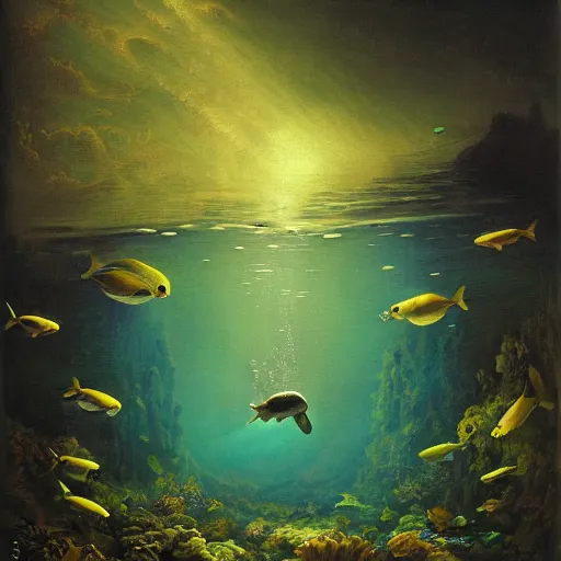 Image similar to underwater abyss, sea creatures, depths, green atmosphere, darkness, fish, by asher brown durand, by iyoshitaka amano